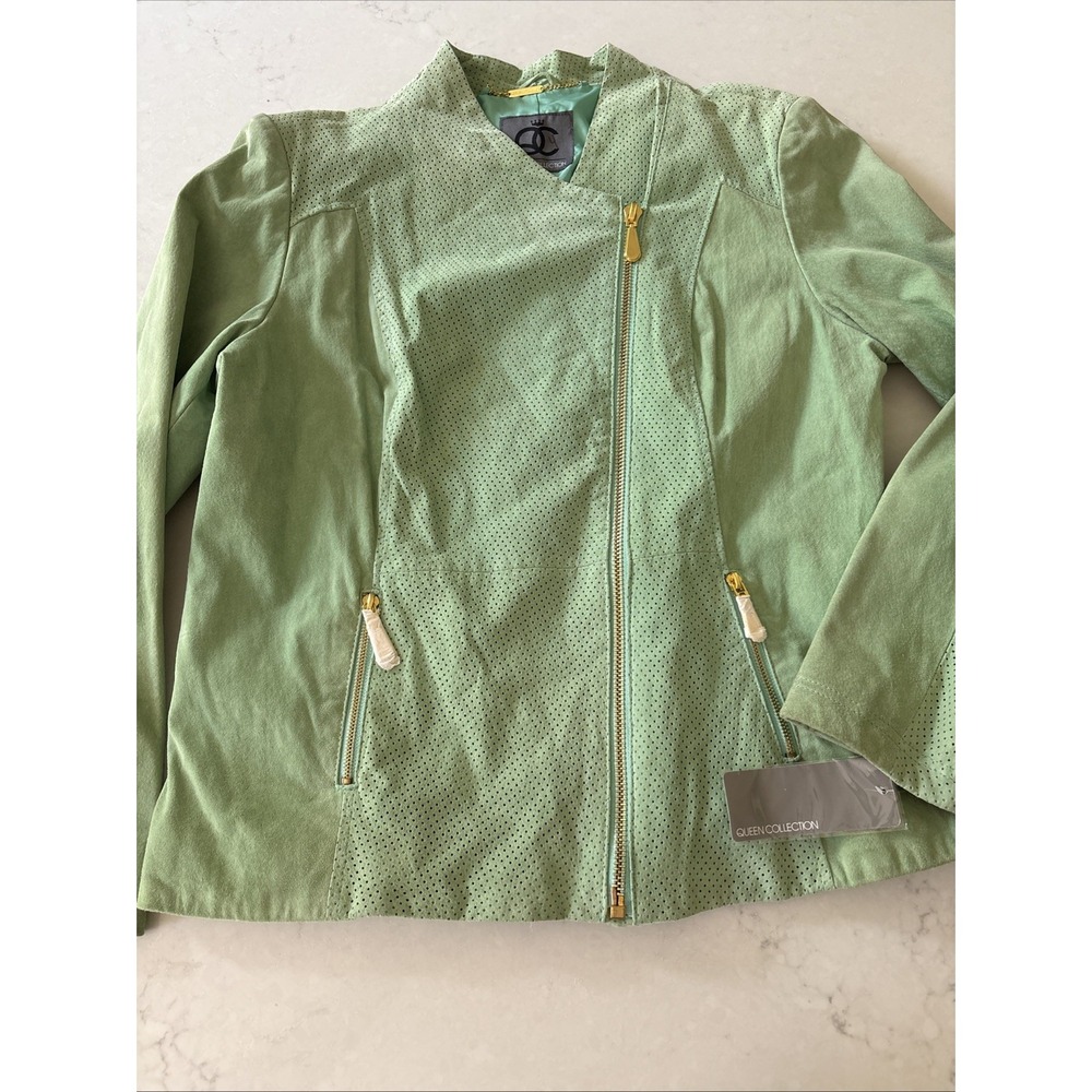 Queens Collection Moto Suede Jacket Womens XL Leather Green 80's 90's Vtg New